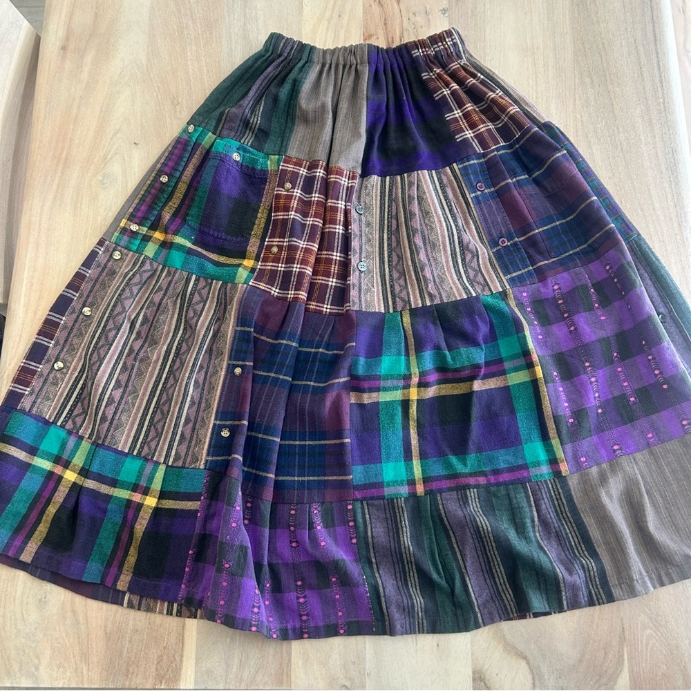 Handmade Vintage Patchwork Quilt Like Maxi Skirt Boho Lagenlook Elastic Waist